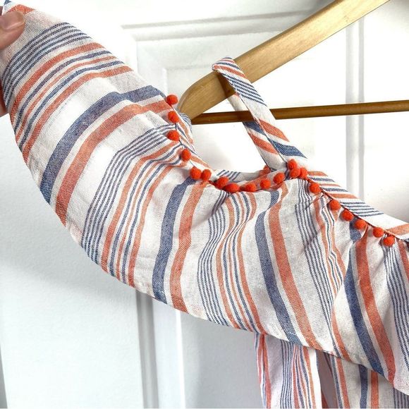 Moon River Ruffle Coral Stripe Cold Shoulder Pom Pom Vacation Romper Size Small - Picture 8 of 12